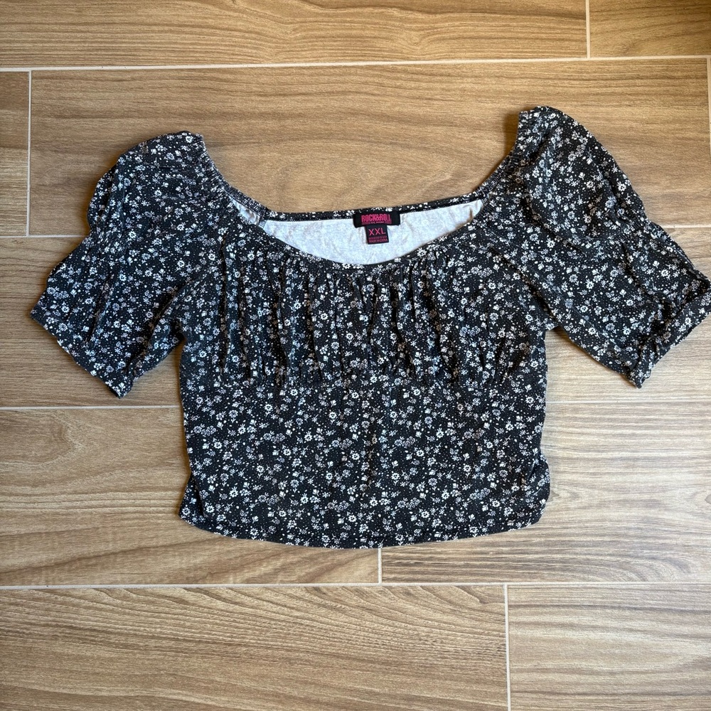 Y2K Rock & Roll Denim Womens Puff Sleeve Western Cowgirl Top Sz XXL Black Floral